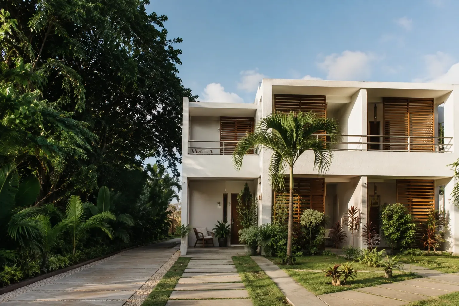 Contemporary tropical home surrounded by palms and lush gardens