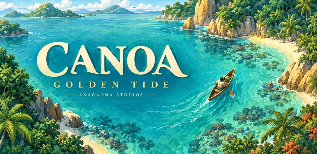 Canoa: Golden Tide artwork showing a canoe crossing a bright Caribbean lagoon