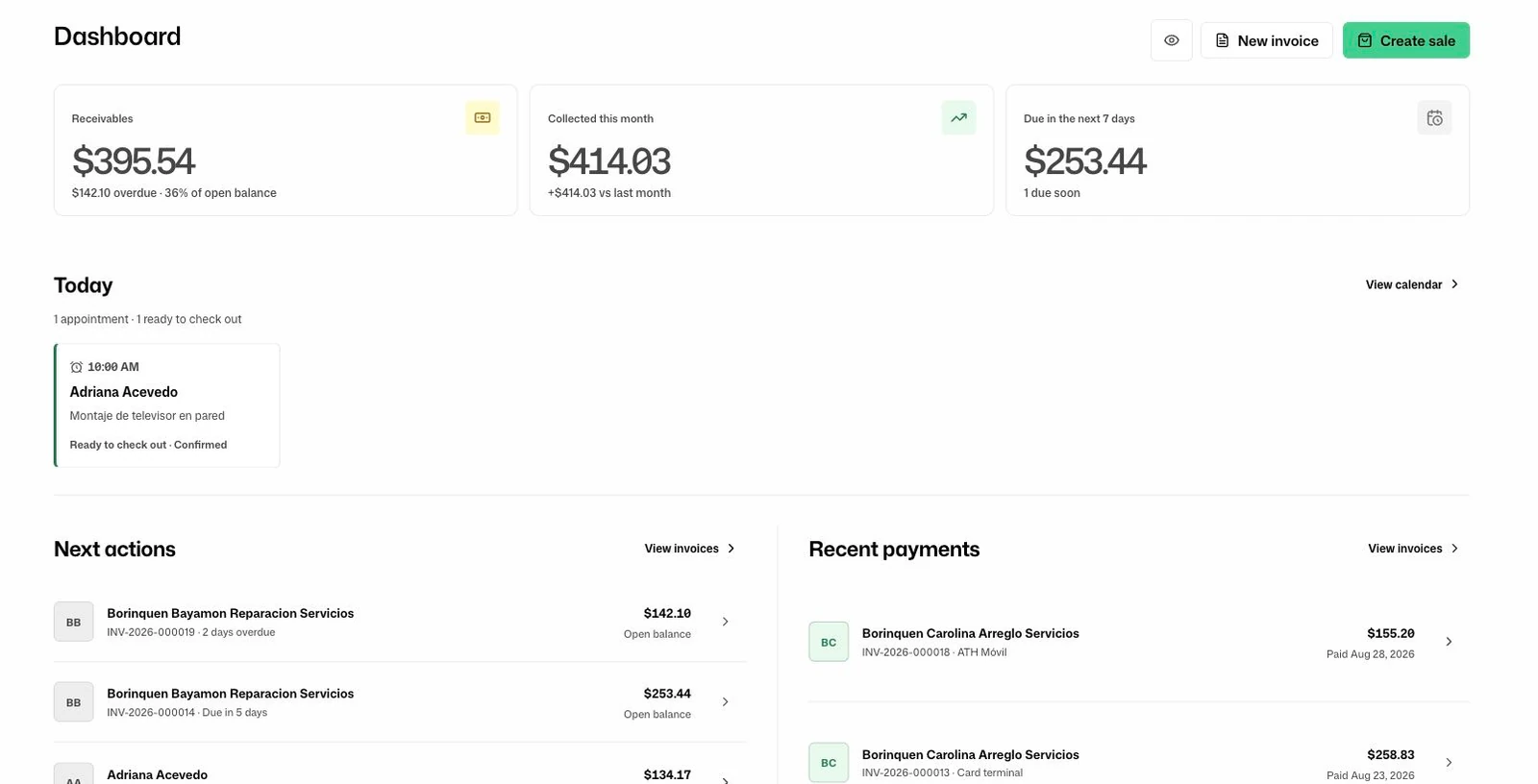 Current FacturaOS dashboard with receivables, collections, upcoming due dates, today's appointment, next actions, and recent payments