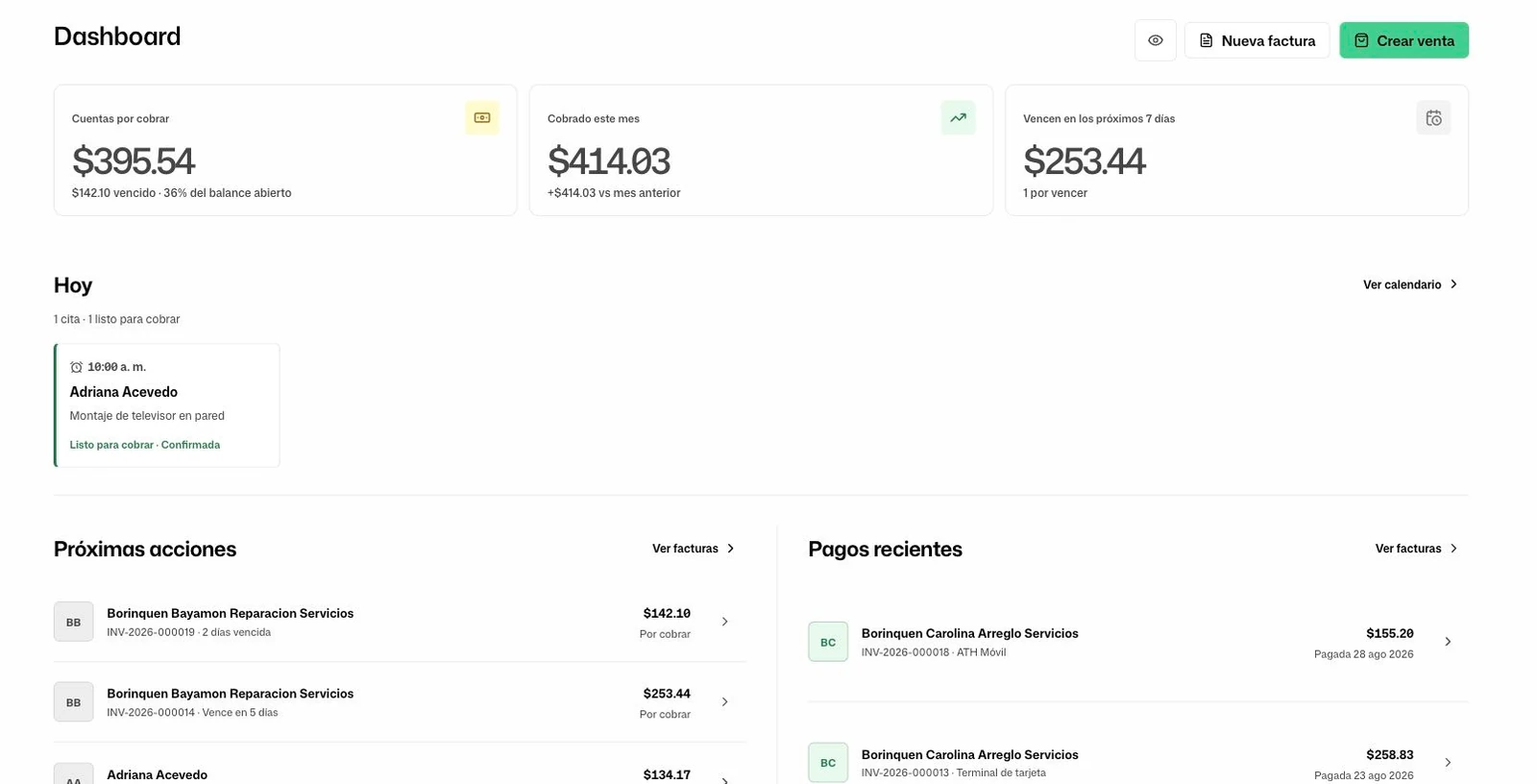 Dashboard actual de FacturaOS con cuentas por cobrar, cobros, próximos vencimientos, la cita de hoy, próximas acciones y pagos recientes