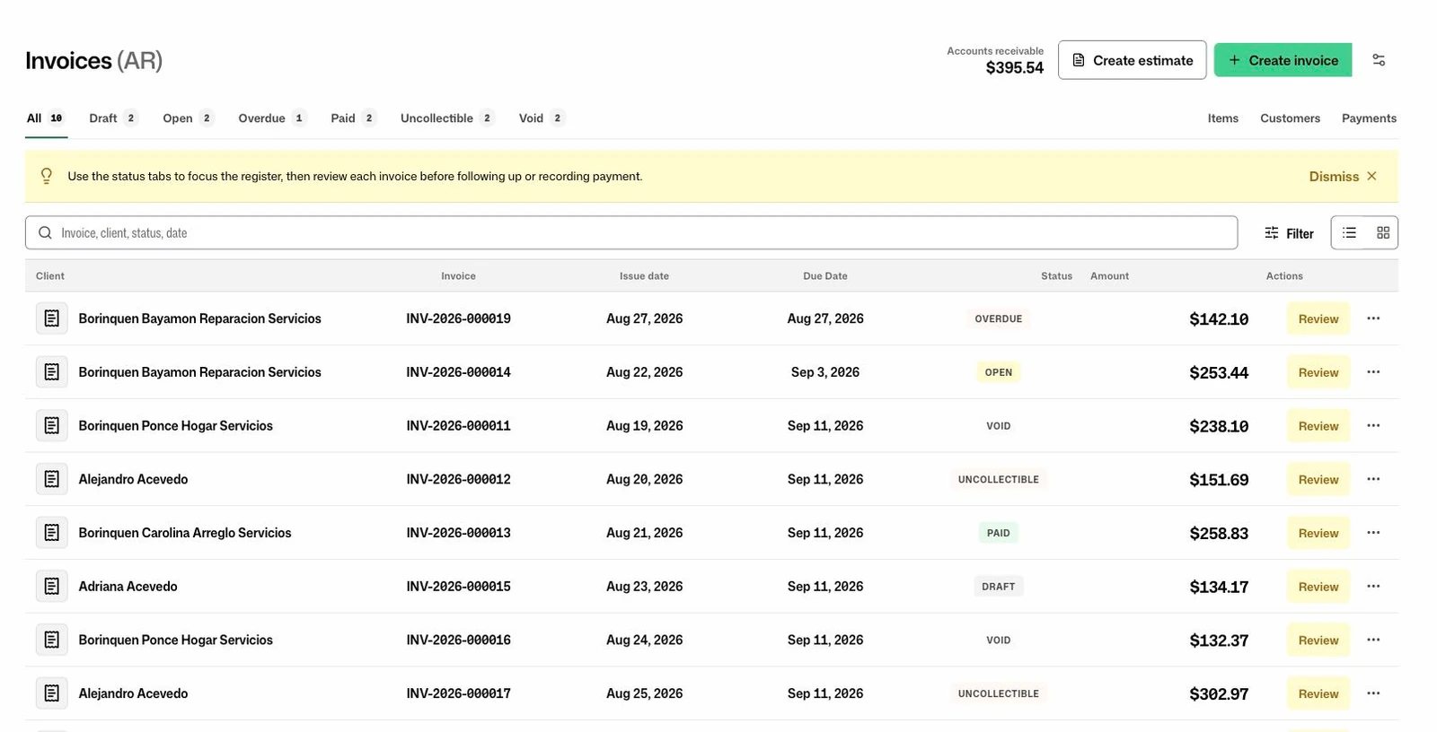 Current FacturaOS invoice register with receivables summary, status filters, search, and document actions