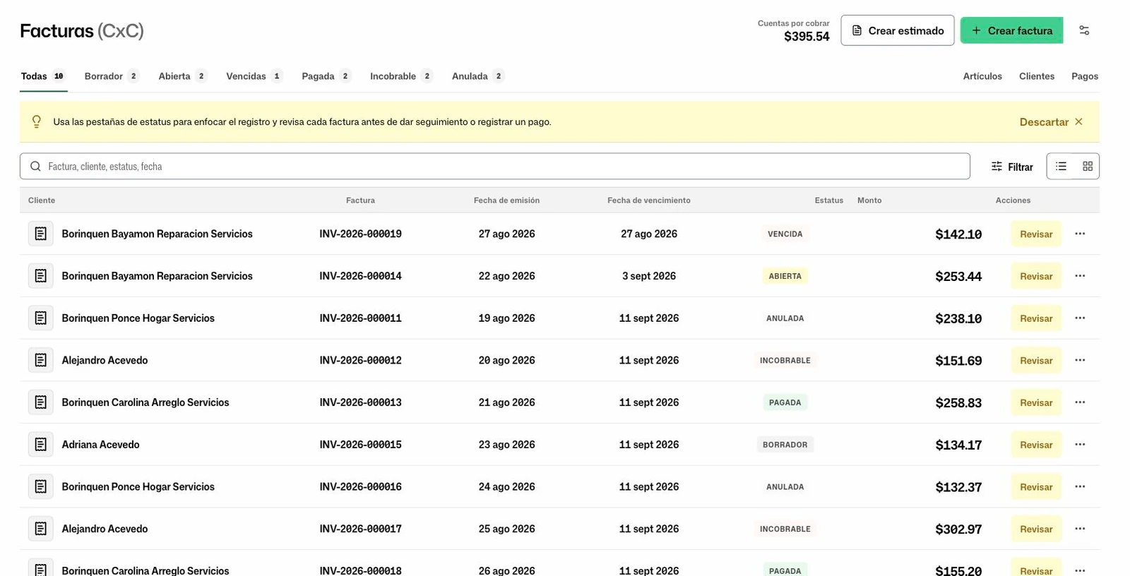 Registro actual de facturas en FacturaOS con resumen de cuentas por cobrar, filtros de estado, búsqueda y acciones de documentos