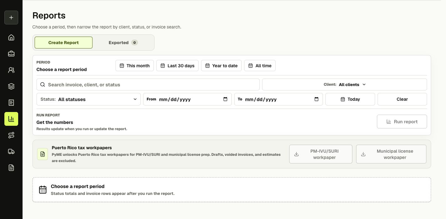 Espacio de reportes de FacturaOS con filtros y exportaciones contributivas