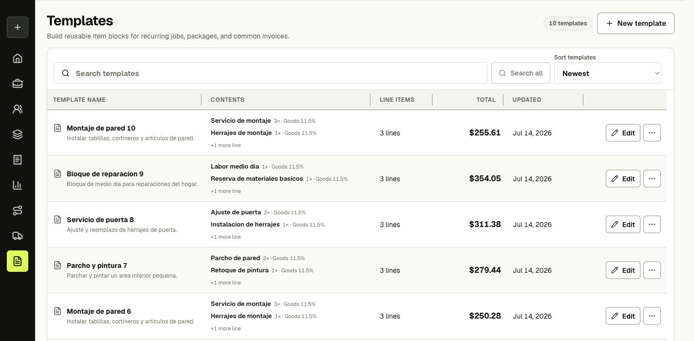 Espacio de FacturaOS para plantillas reutilizables de servicios y facturas