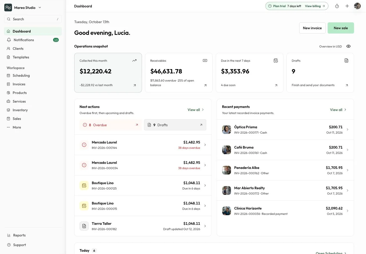 Mantuno dashboard with receivables, upcoming actions, and recent payments in a sample business workspace