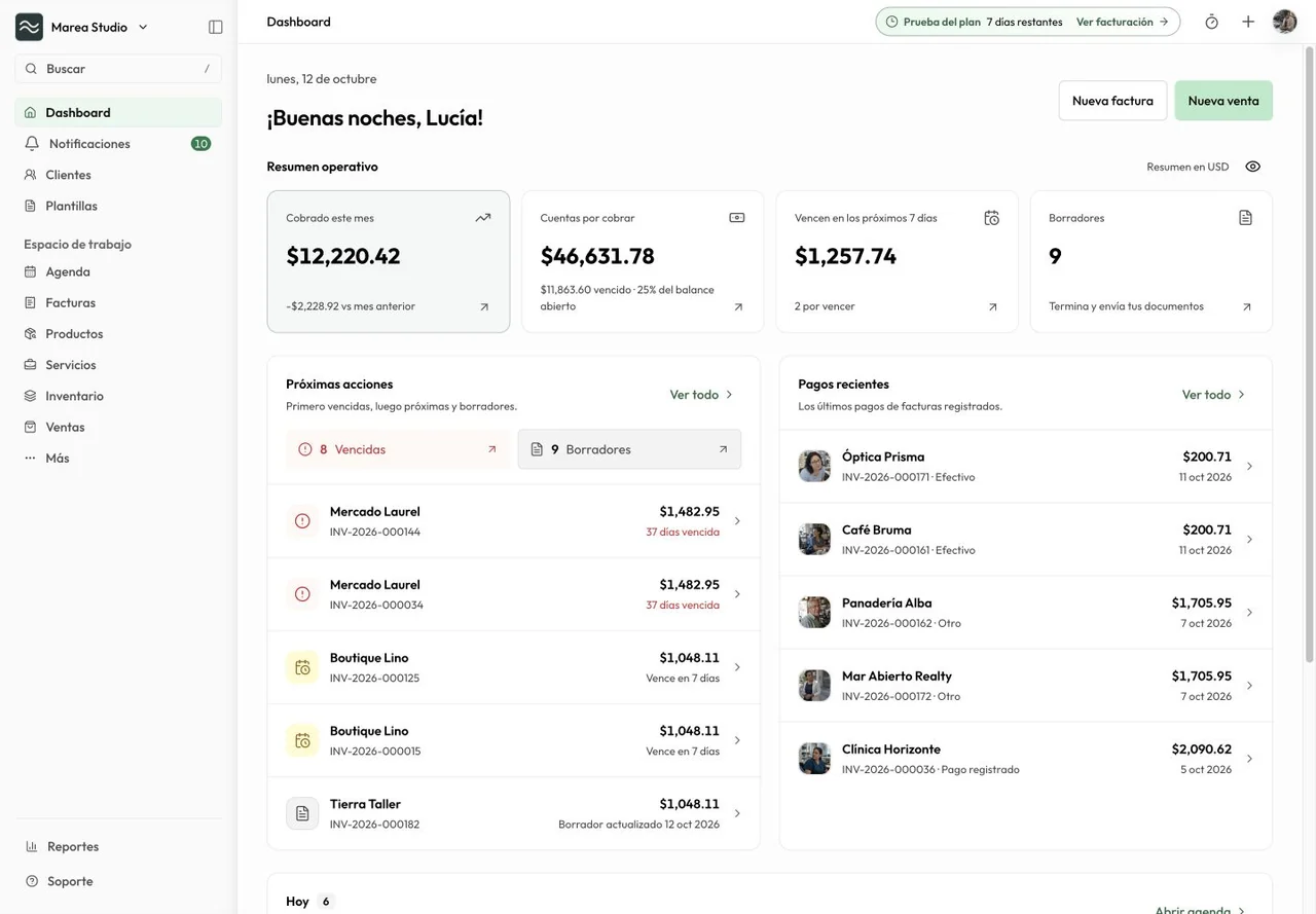 Panel de Mantuno con cuentas por cobrar, próximas acciones y pagos recientes en un negocio de ejemplo