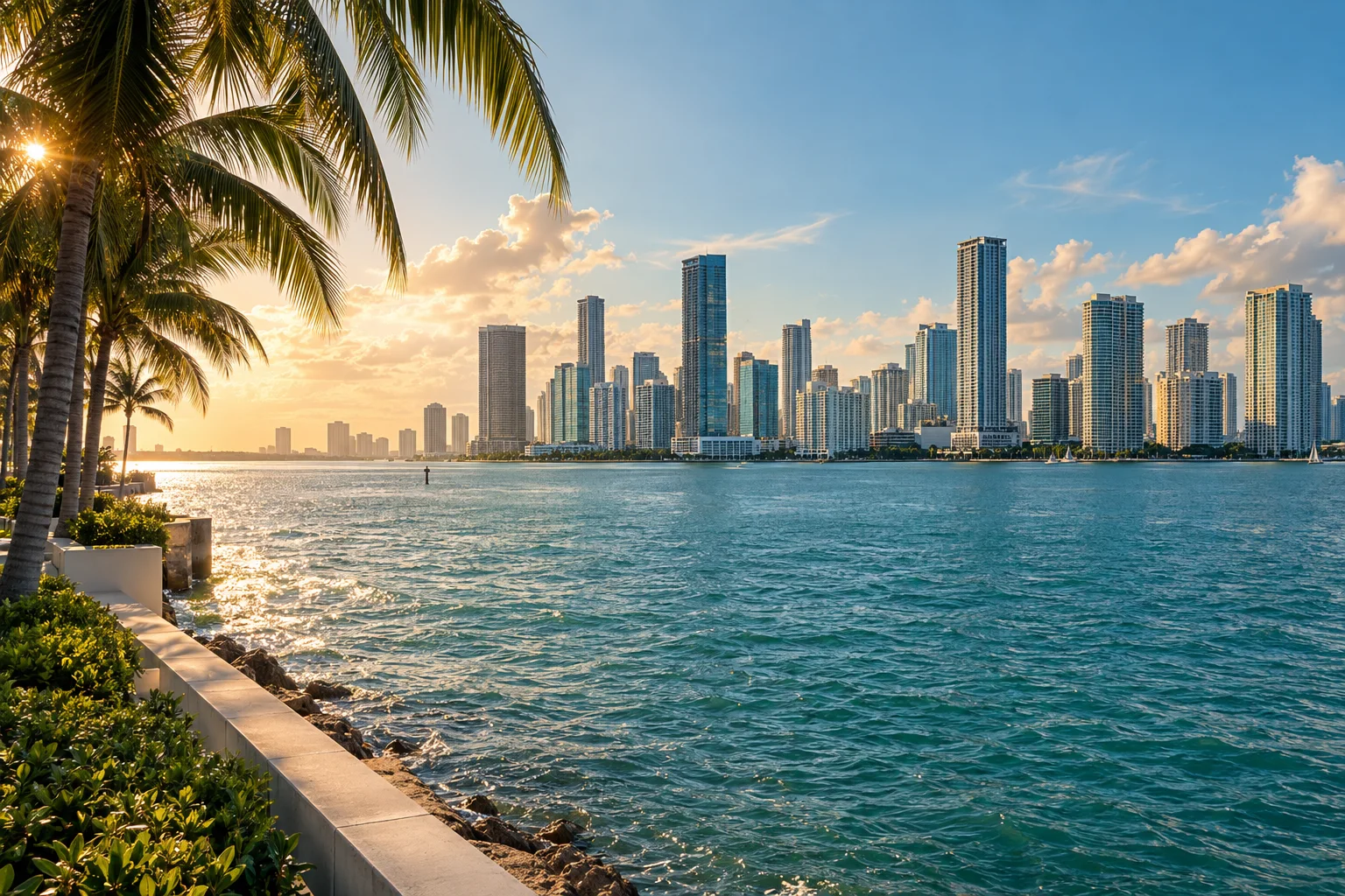 Illustrative editorial view of Biscayne Bay and the Miami skyline
