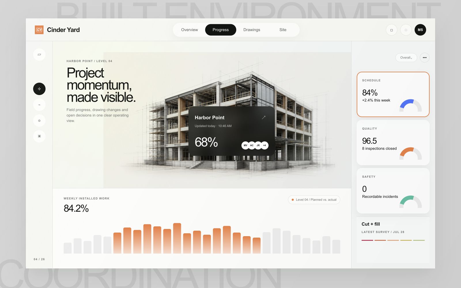 Concepto del estudio J.R.SOSA para coordinar construcción Cinder Yard, con avance, revisiones de planos, condiciones de obra y pendientes en tablet