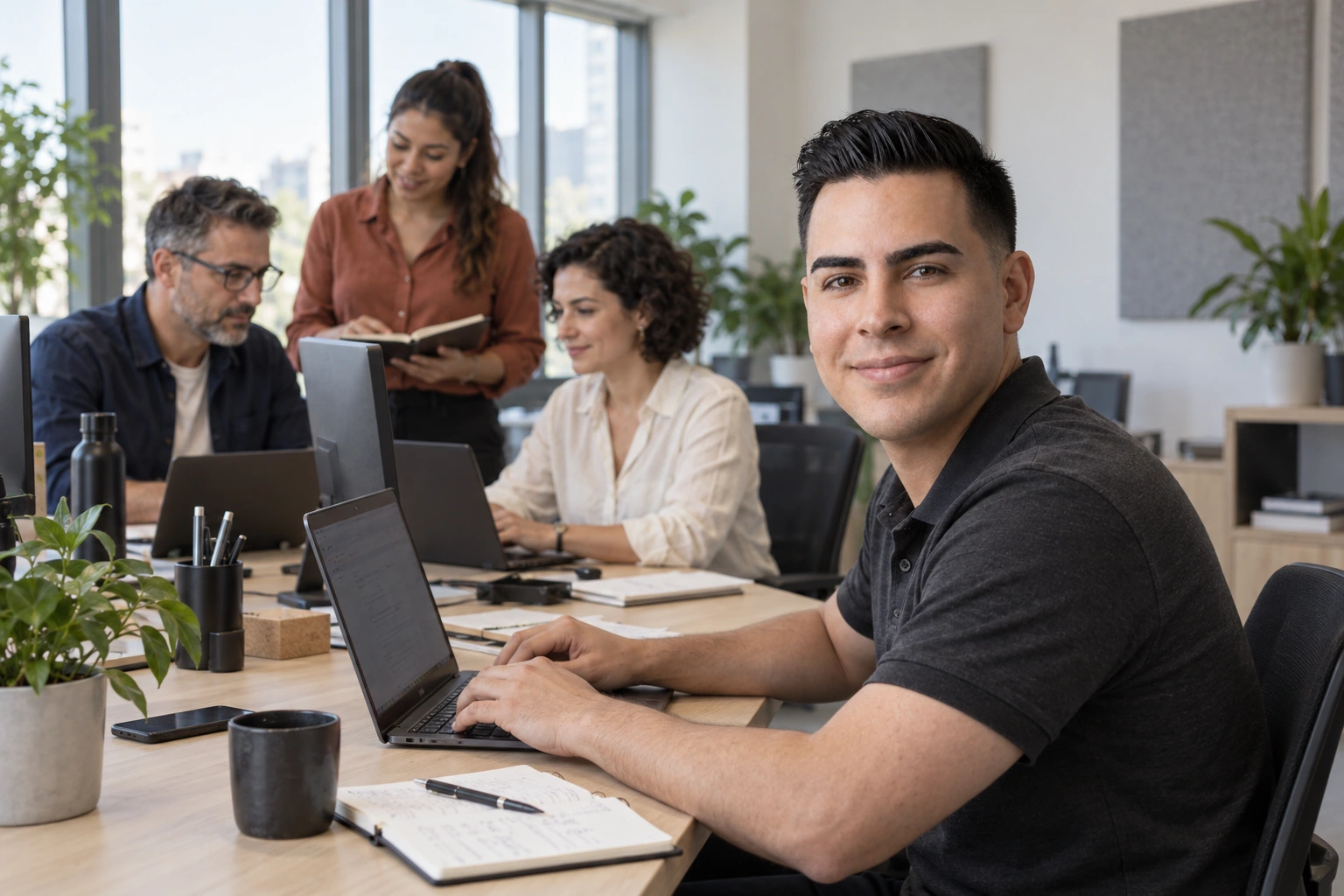 Reimagined studio scene with Joel and three colleagues working in a modern office